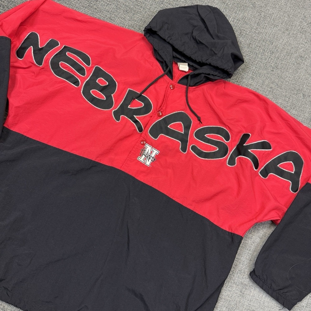 VTG Nebraska Cornhuskers Windbreaker Jacket Mens XL Big Spell Out 90's W/ Hood